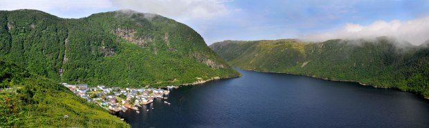 Town of Grey River from the viewpoint you can hike to above town.