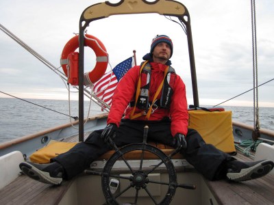 Tyler on the Bay of Fundy crossing, it got very cold!