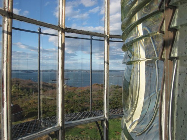The Sequin Island Light house, a First Order Fresnel lens made up of 282 glass prisms. The light is visible from over twenty nautical miles. The original lighthouse was established here in 1795 and is Maine's tallest and second oldest lighthouse. The Fresnel lens was installed in 1857.